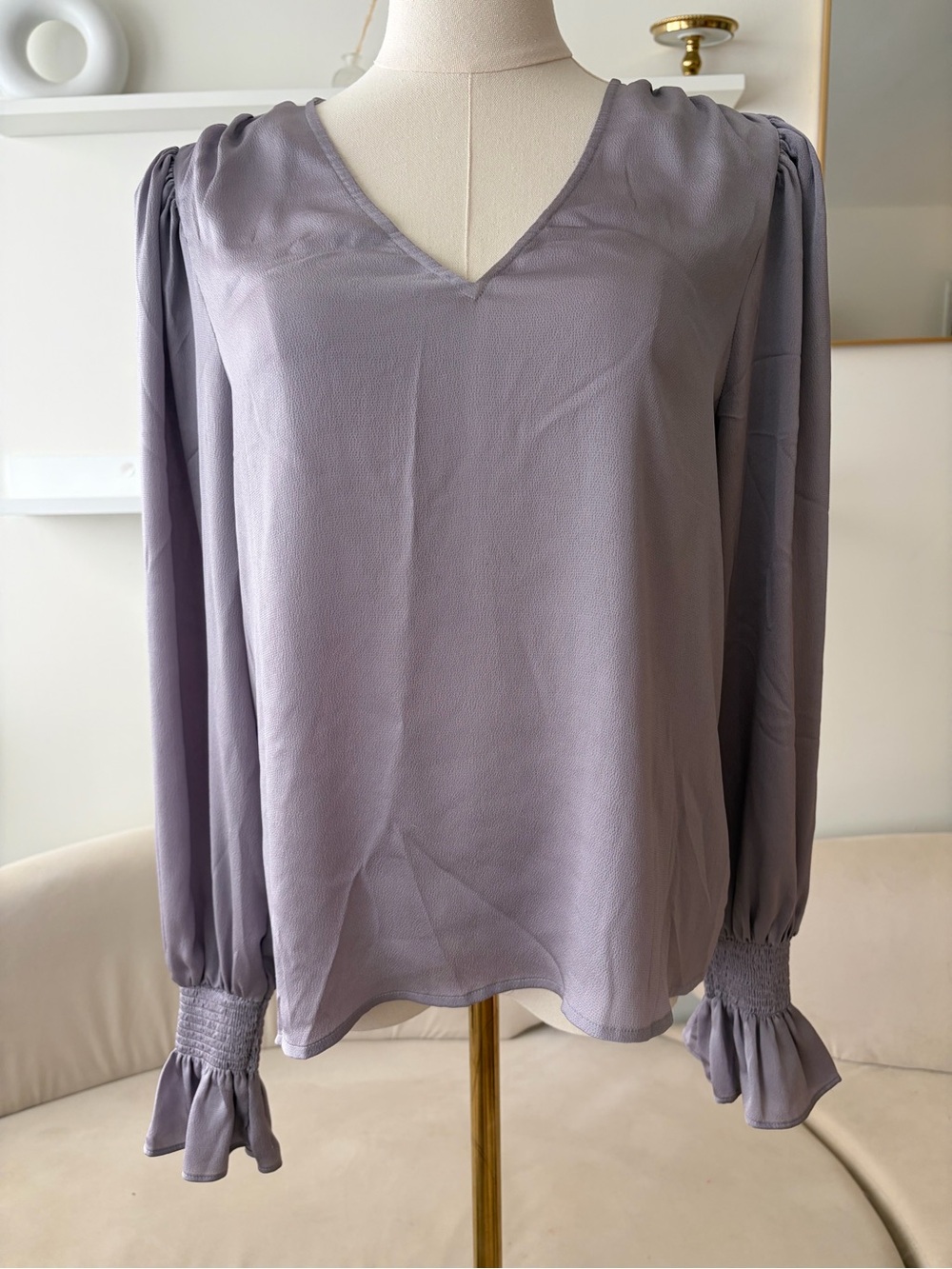 Express Lavender V-Neck Long-Sleeve Blouse with Smocked Cuffs